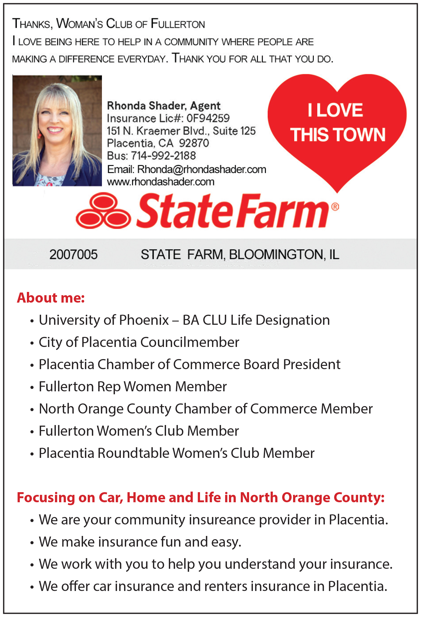 Rhonda Shader State Farm Insurance Placentia